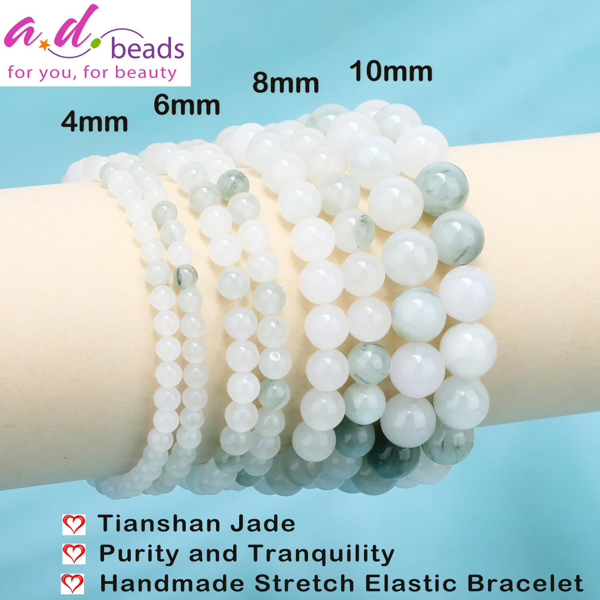 AD Beads 4mm Handmade Tianshan Jade Elastic Bracelet Natural Gemstone for Purity and Tranquility Meditation, Yoga, Healing and Energy Gift for Men Women