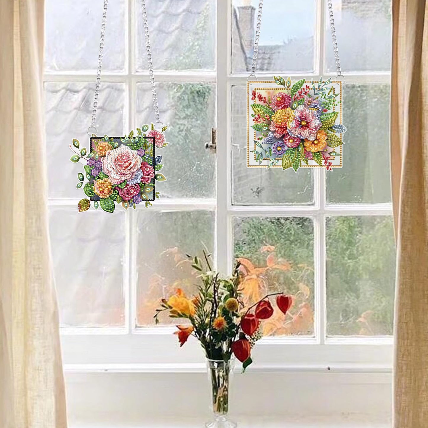 LazyFold 2 Pcs DIY Acrylic Diamond Art Painting Flowers Kits Special Shaped Rhinestone 5D Diamond Art Window Pendants Home Garden Wall Hanging Kits Hanging Ornament