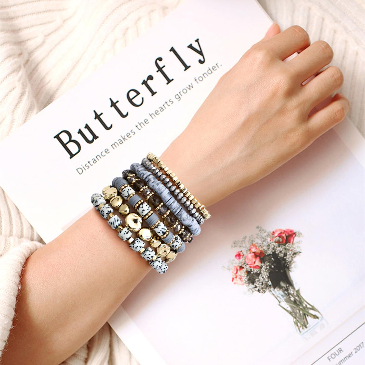 GOOJIDS Surfer Heishi Clay Spotted Bead Bracelets for Women Stackable Gold Plated Beaded Stretch Bracelets Elastic Layering Friendship Bracelets Set Boho Jewelry