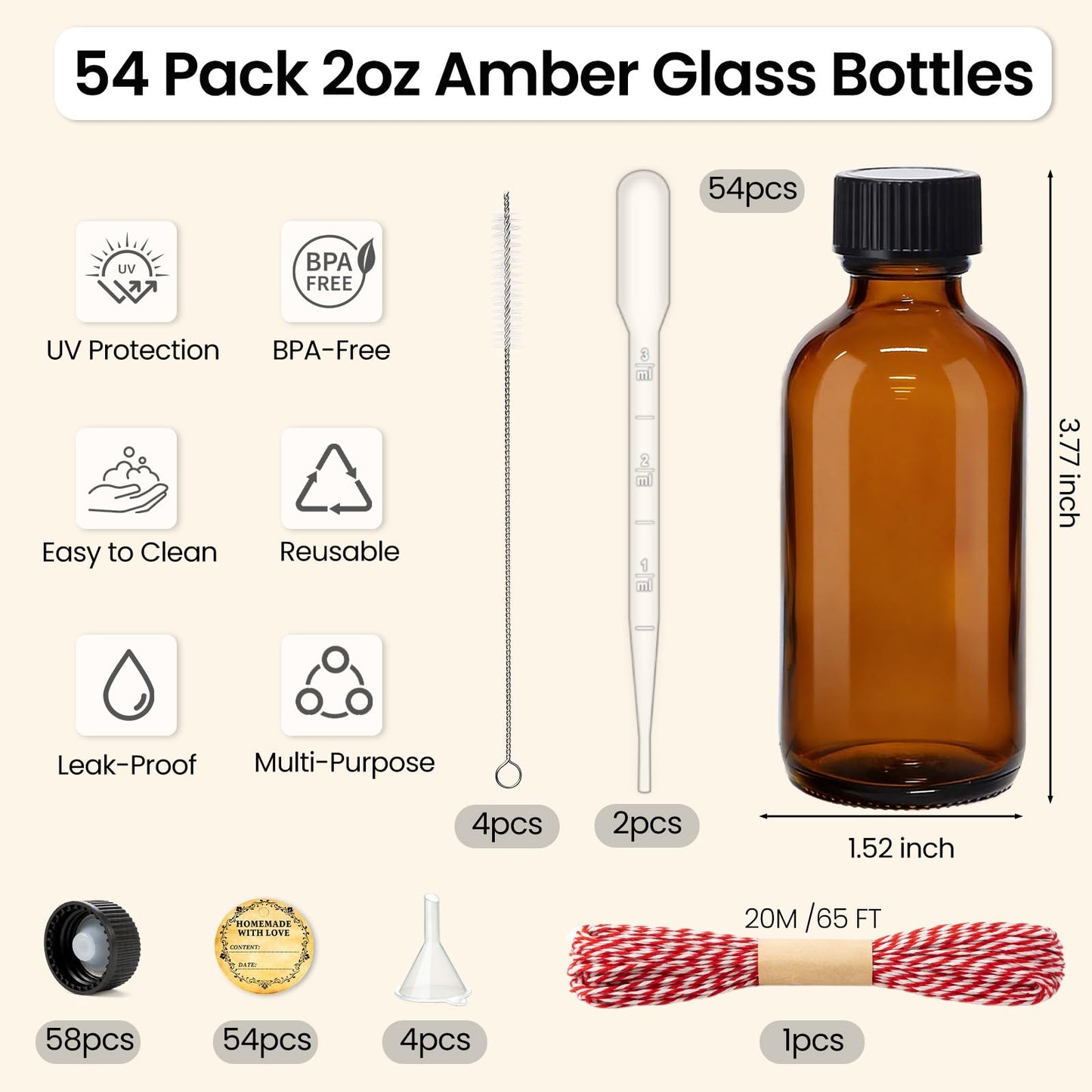 TBWIND 54 Pack 2oz Amber Glass Boston Round Bottles with Airtight Polycone Caps, Travel Size Glass Bottles for Essential Oils, Perfume, Vanilla Extract, Tinctures & DIY Samples