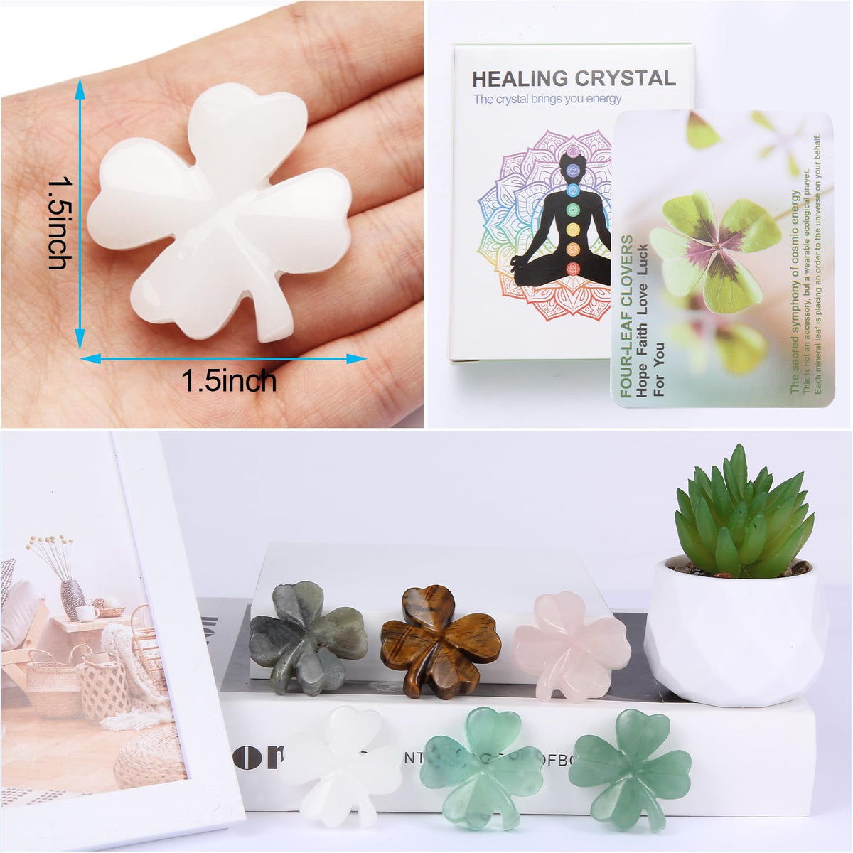 Hguxmcu Natural White Jade Four Leaf Clover - Feng Shui Lucky Crystal for Love Positivity, Polished Healing Stone Decor, Birthday Gift for Her Gift for Women Men