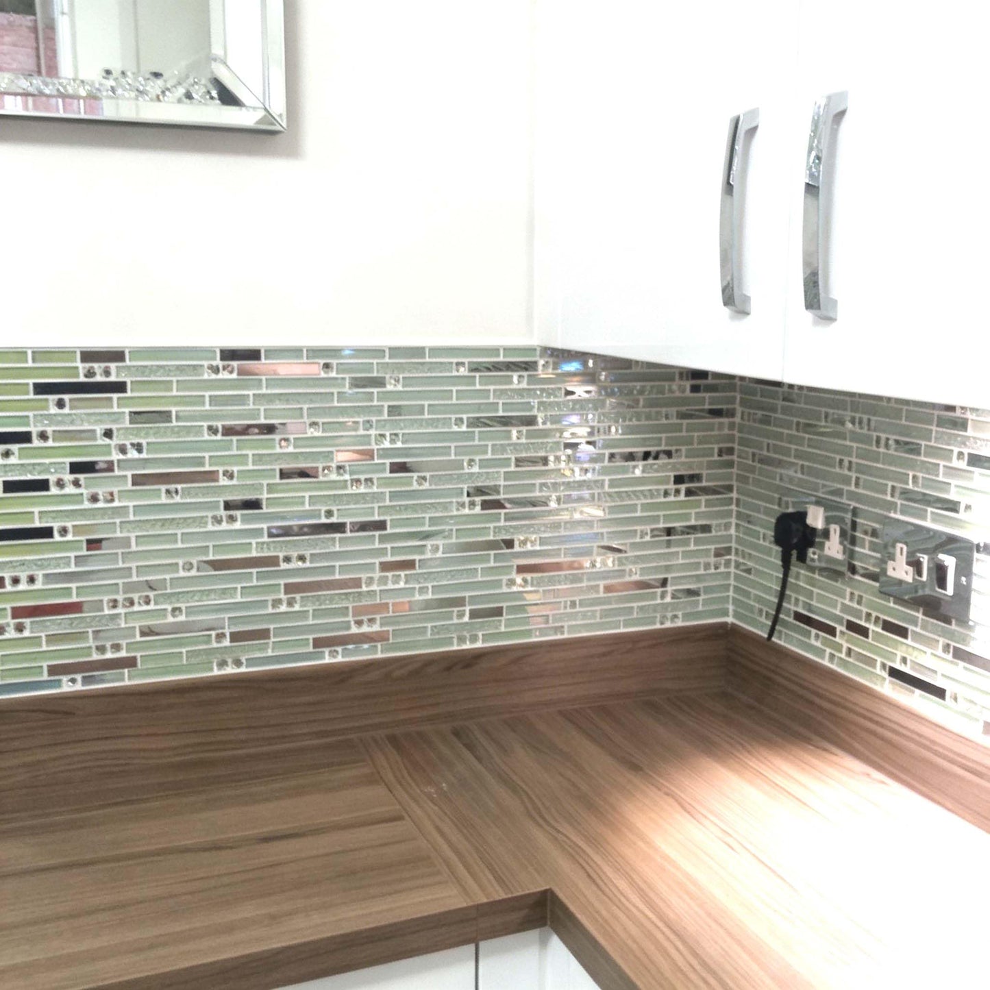 Hominter Modern Iridescent Glass Metal Mosaic Tile Backsplash for Kitchen & Bathroom, White Silver Linear Wall Tiles for Shower, Fireplace & Accent Wall, 3x12 Sample