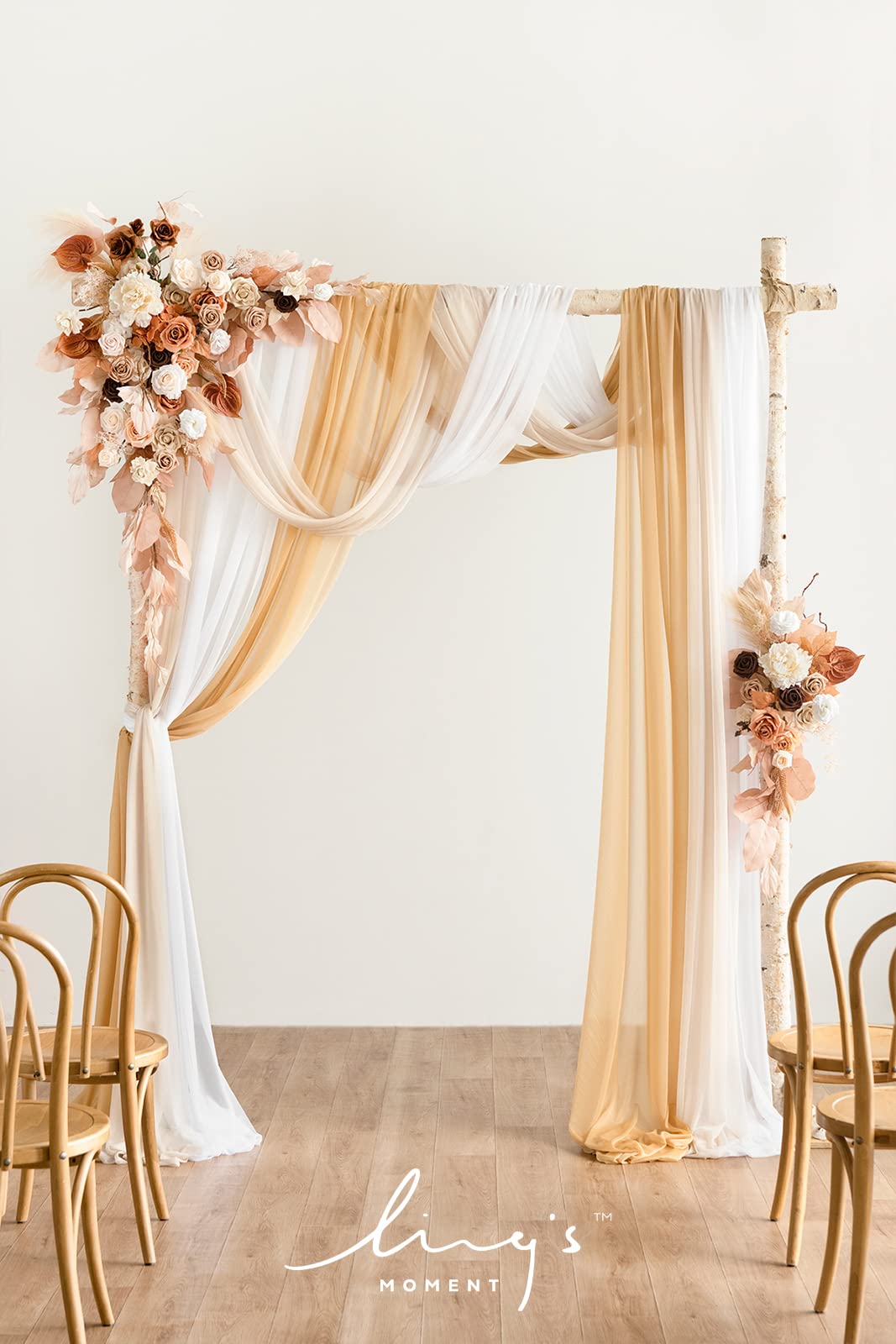 Ling's moment Fall Wedding Arch Flowers with Sheer Drapes Kit - Artificial Rust Boho Floral Arrangements for Ceremony Backdrop, Arbor Decor, Orabge 5-Piece Set (2 Flower Stems + 3 Hanging Drapes)