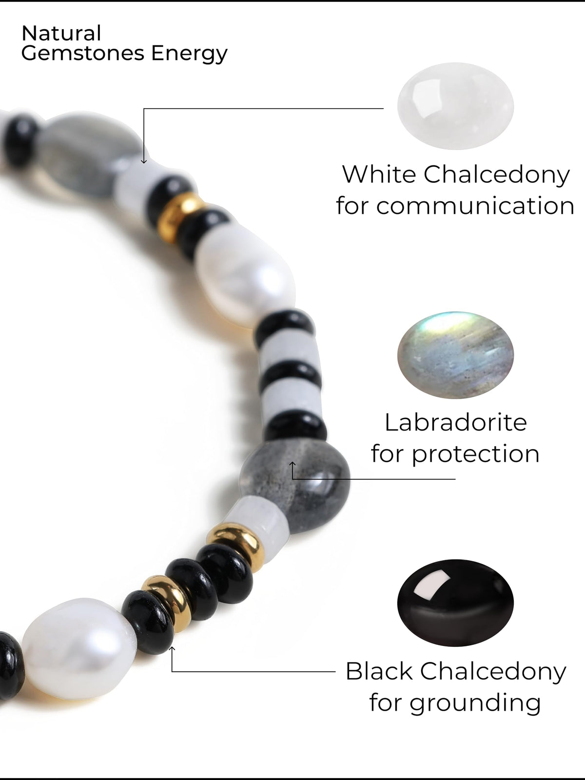 Natural Gemstone & Freshwater Pearl Bracelet for Women, 18K Gold PVD-Coated, Labradorite, Black & White Chalcedony(Large)