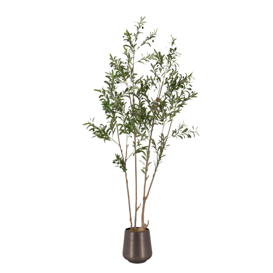 Kate and Laurel Oliveira Faux Olive Tree with Portell Metal Planter Pot, 7 FT, Gunmetal, Potted Artificial Olive Plant Tree with Realistic Foliage and Added Moss, Fake Plant Living Room Decor