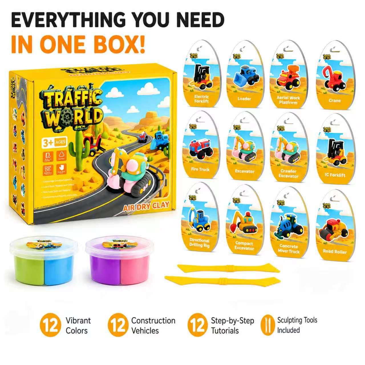 Air Dry Clay Kit for Kids – 12 Pack Construction Vehicles Modeling Clay Set, DIY Art Crafts with Sculpting Tools & Tutorials, Ultra Light Soft Magic Clay Car, Birthday Party Favors for Boys Girls