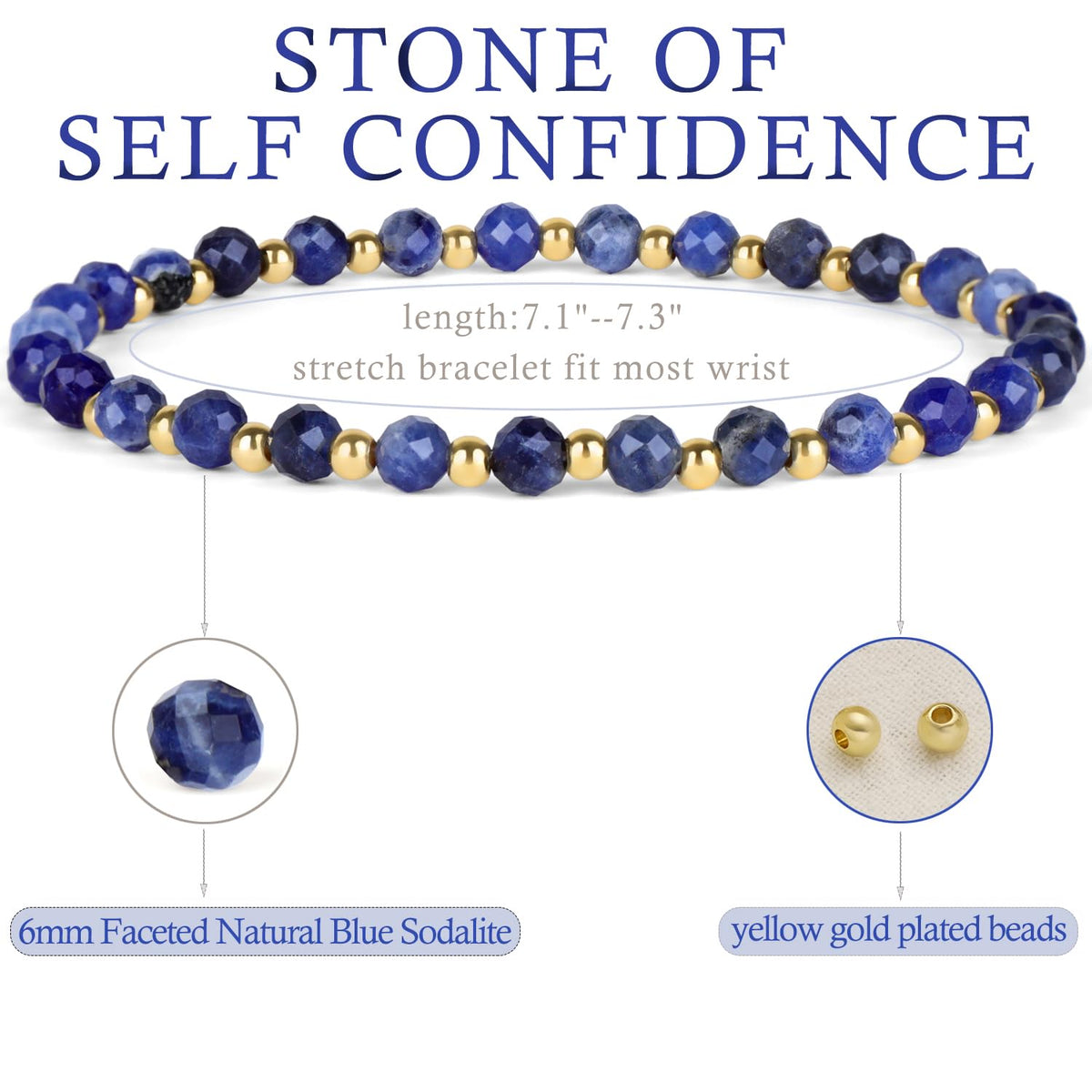 QOGIR Blue Sodalite - Self Confidence - 14K Gold Plated Beads Natural Gemstone Stretch Elastic Dainty Healing Beaded Bracelets Gifts 6mm