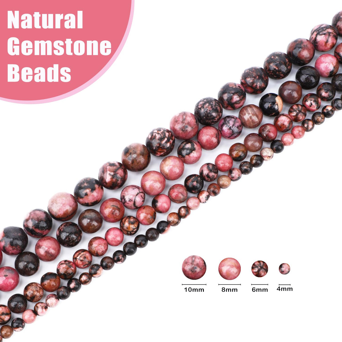 CMBYN Natural Stone Beads Round Genuine Real Stone Beading Strand Loose Gemstones DIY Smooth Bead for Bracelet Necklace Earrings Jewelry Making (Pink Black Rhodonite, 6mm 60 Pieces)