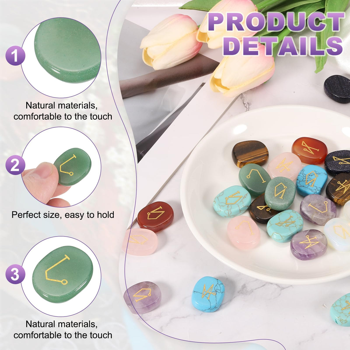 MECCANIXITY 4Pcs Engraved Chakra Stones with Reiki Symbols, Green Aventurine Reiki Healing Crystal Gemstone 7 Chakra Crystal Stones Tumbled Palm Stone for Anxiety Relieve