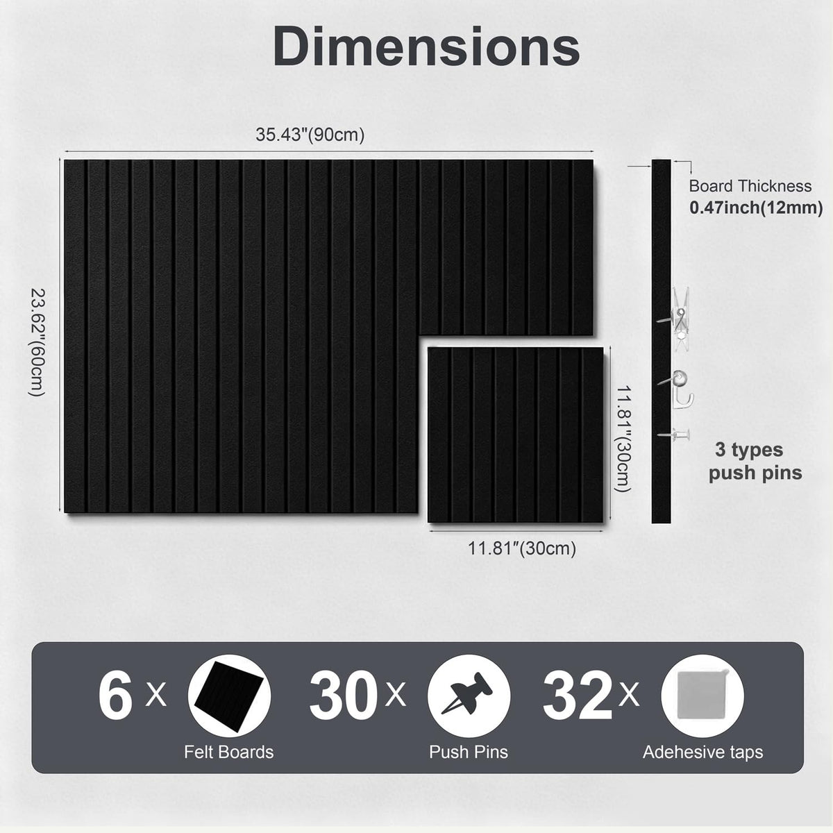G Gamit 0.47" Thick Felt Pin Board 36"x24" Large Cork Board Alternative 6 Pack 11.81"x11.81"Felt Bulletin Board Wall Tiles Notice Board with 30 Pushpins for Home Office School(Fine-Black)
