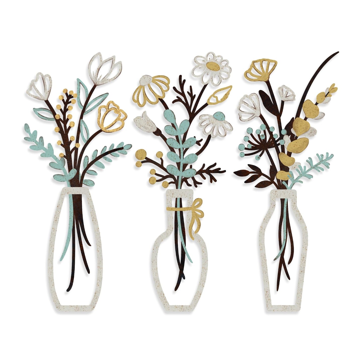 Aikgidtt 3 Pieces Metal Flowers Wall Art Set | Rustic Indoor & Outdoor Wall Decor with Mounting Kit Waterproof Finish for Bathroom Bedroom Living Room | House-Warming Gifts (Beige Gold)