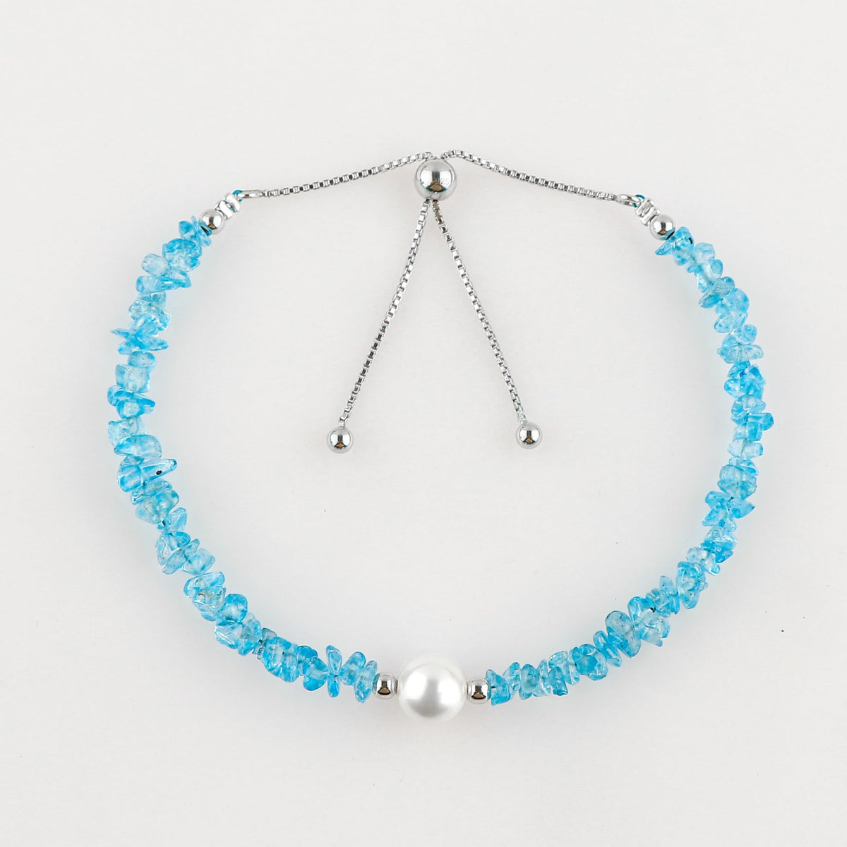CRYSTALIS Natural Swiss-Blue-Topaz Beads Slider Bolo Bracelet with Elegant Pearl, Uncut Chips Nuggets Crystals, Chakra Healing Gemstone, Women Jewelry, 925 Sterling Silver Slider 10 inch