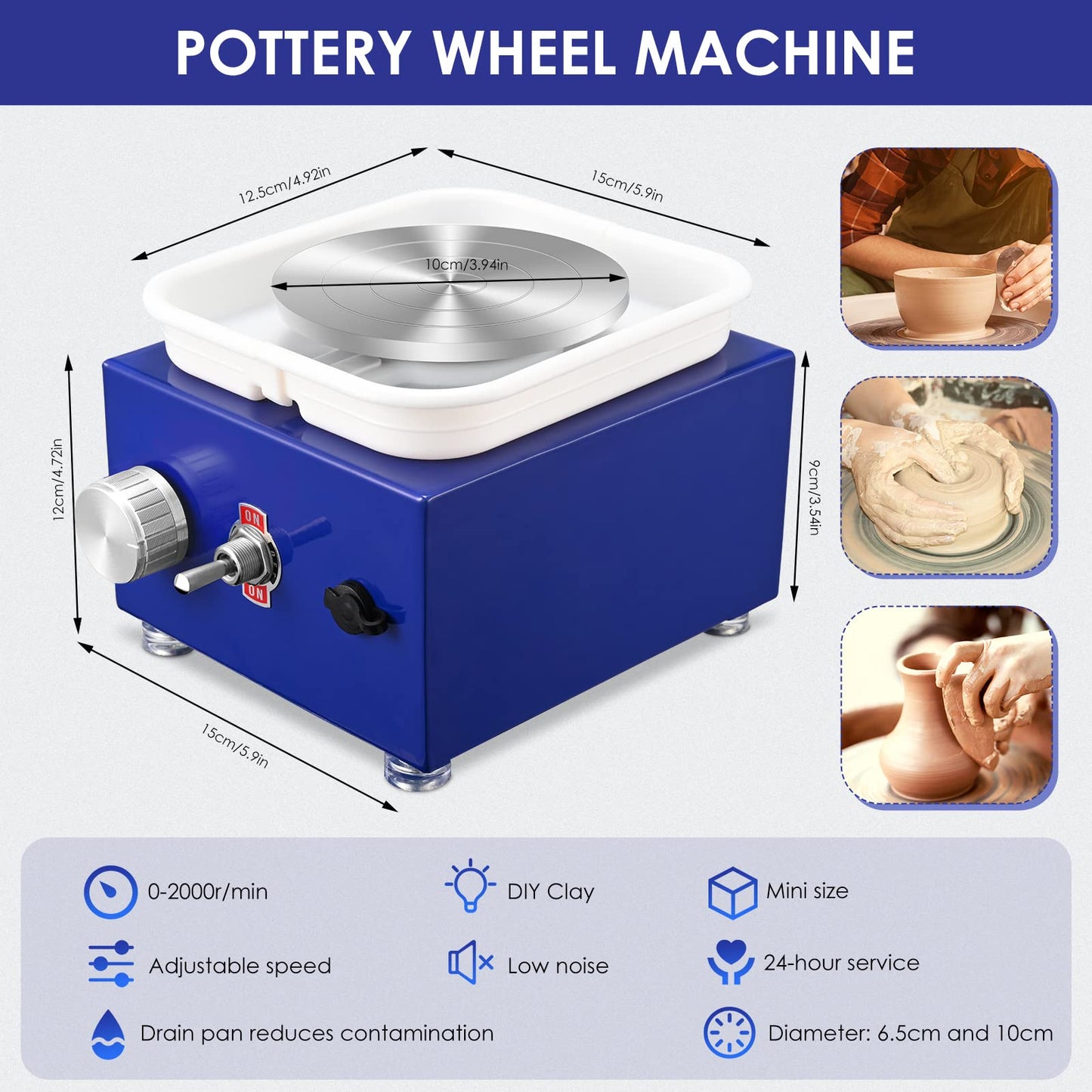 Mini Pottery Wheel Machine for Adults & Beginners, 2 Turntables (3.94" & 2.56") | 0-2000 RPM Adjustable Speed Pottery Machine Removable Splash Tray Ceramic Making Kit Includes 8 Sculpting Tools