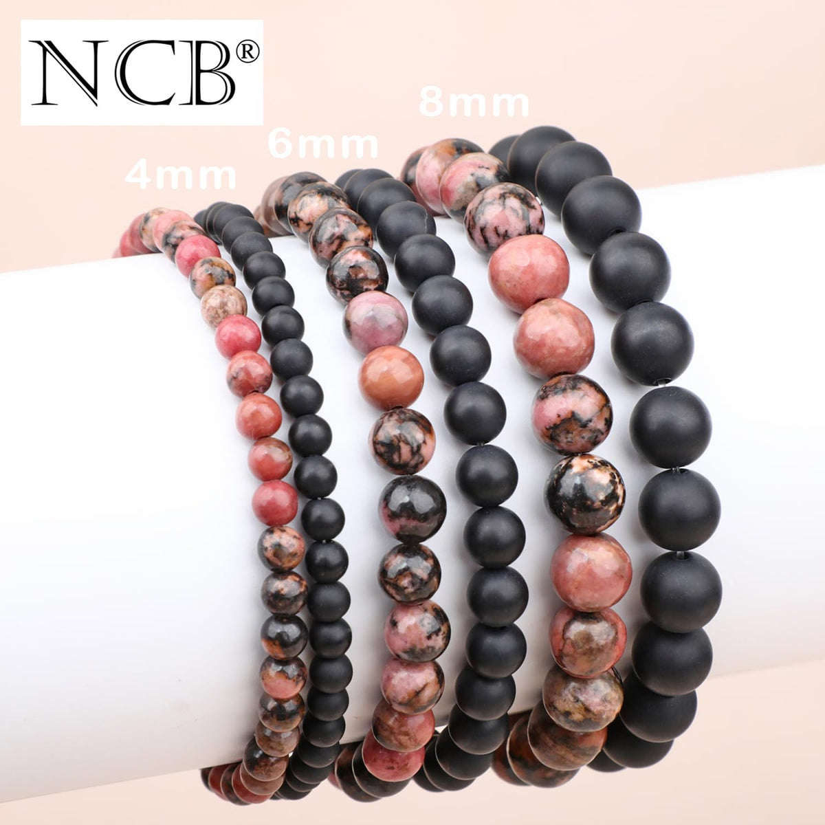 NCB 2-Piece 8mm Natural Crystal Gemstone Stretch Bracelets – ﻿Pink Black Rhodonite, Matte Black Agate Handmade Reiki Energy Healing Jewelry for Meditation,Yoga, Unisex