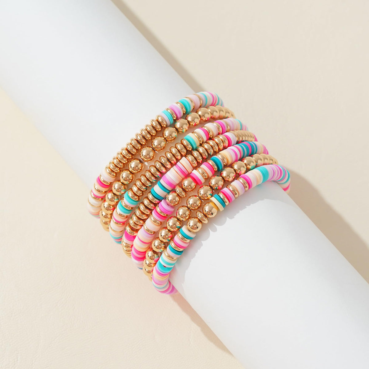 GOOJIDS Surfer Heishi Clay Bead Bracelets for Women Bohemian Stackable Gold Plated Beaded Stretch Bracelets Elastic Layering Friendship Bracelets Set Boho Jewelry (F-Pink Multicolor Set)