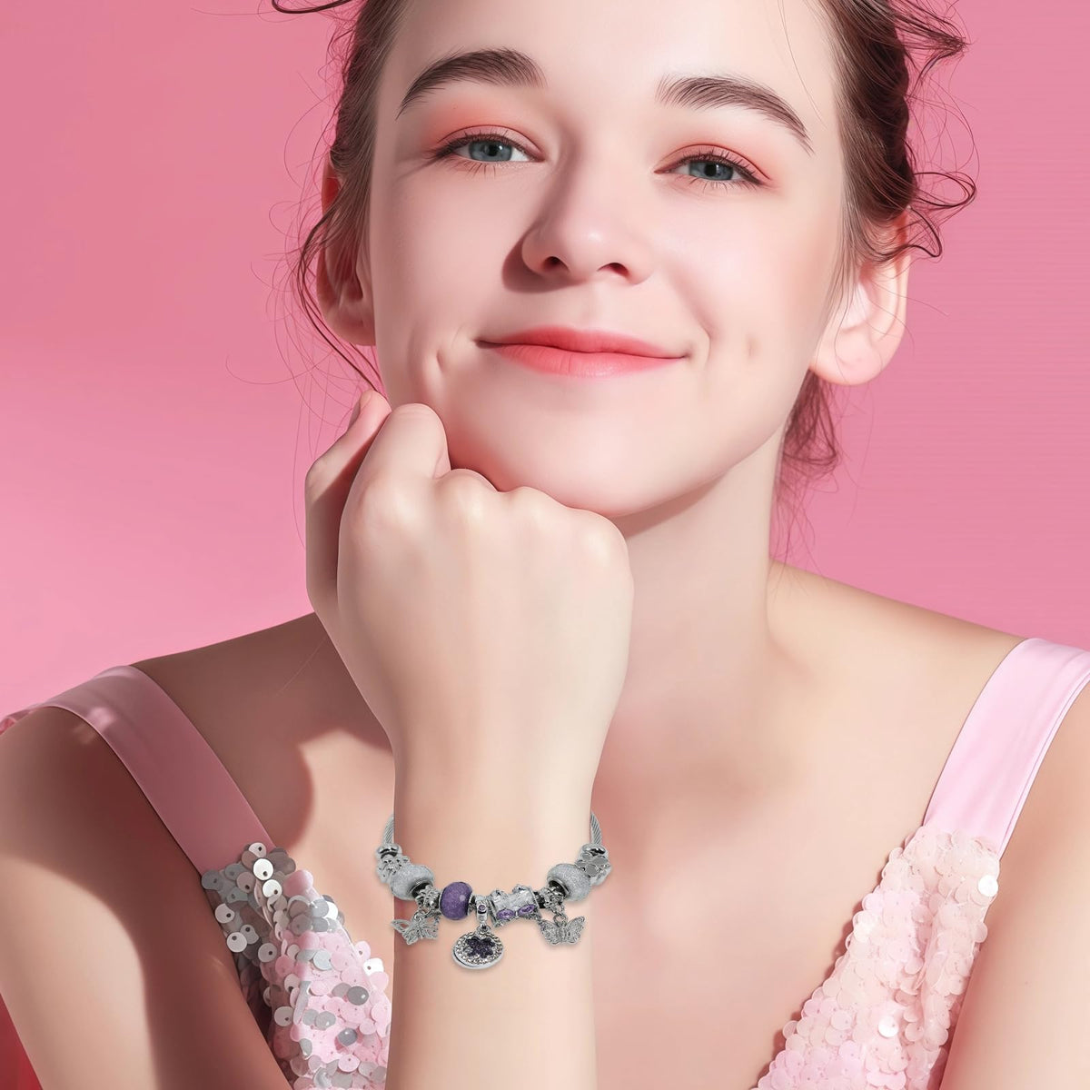 QMWKVNC Charm Bracelets for Girls,Exquisite Cute Cartoon Friendship Silver Bracelets Stainless Steel Bangle, Girls Jewelry Suitable for Holiday Gifts and Birthday Gifts (Bracelets-D)
