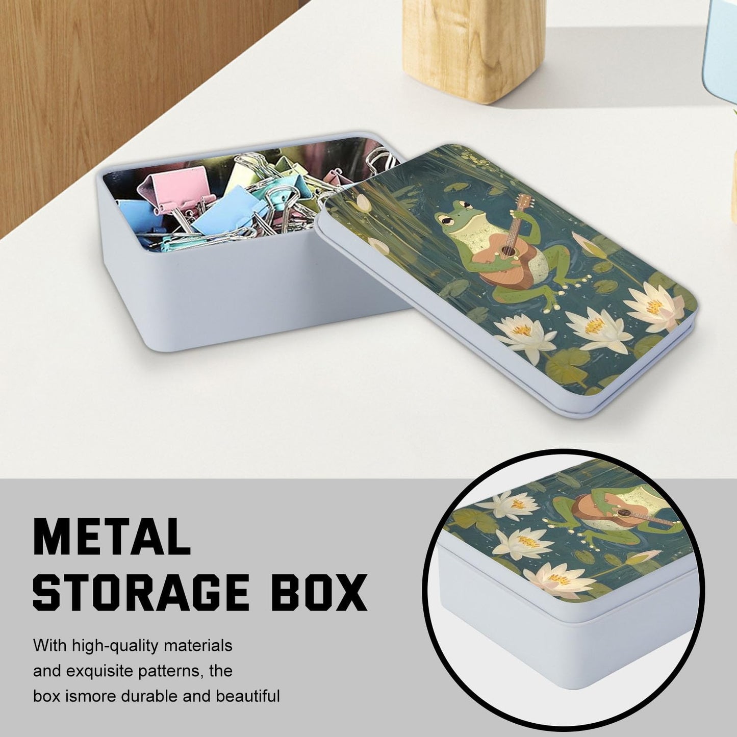 VACGBJPG Metal Tin Box with Lid,Multi-functional Storage Large Box Can Store Tea Biscuits Game Cards, Playing & Tarot Cards-Comes with 4 Magnetic Cord Clips,Frog Playing Guitar