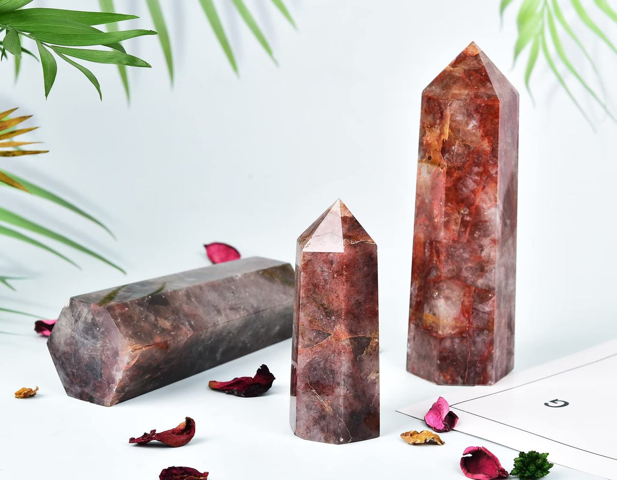 AMOYSTONE Large Healing Crystal Obelisk Towers Hematoid Quartz Point Wand Home Decor Reiki Healing 1.1-1.7 LBS