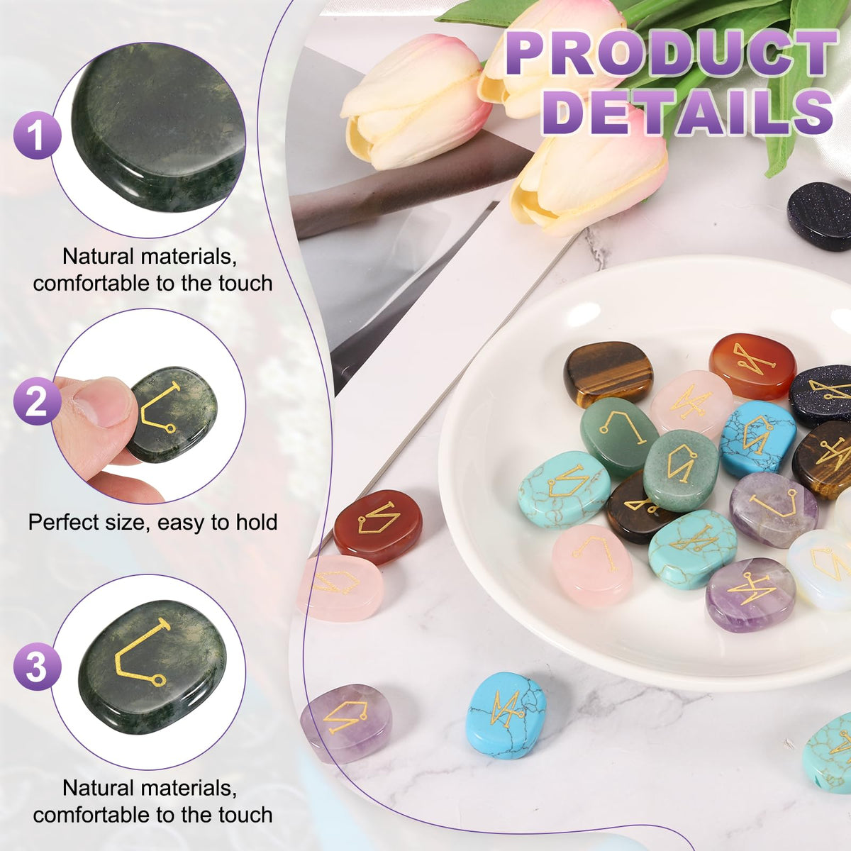 MECCANIXITY 4Pcs Engraved Chakra Stones with Reiki Symbols, Indian Agate Reiki Healing Crystal Gemstone 7 Chakra Crystal Stones Tumbled Palm Stone for Anxiety Relieve
