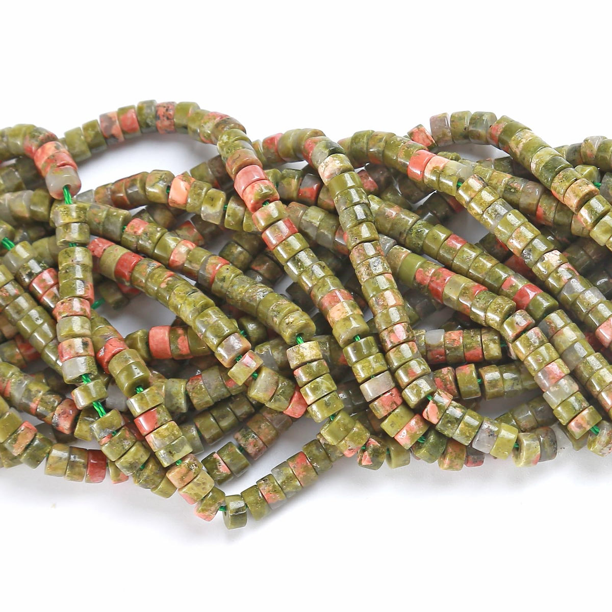 150pcs 2x4mm Natural Unakite Green Stone Tube Shape Beads Loose Flat Round Cylinder Flat Spacer Green Stone Beads for Bracelet Earrings Jewelry Making