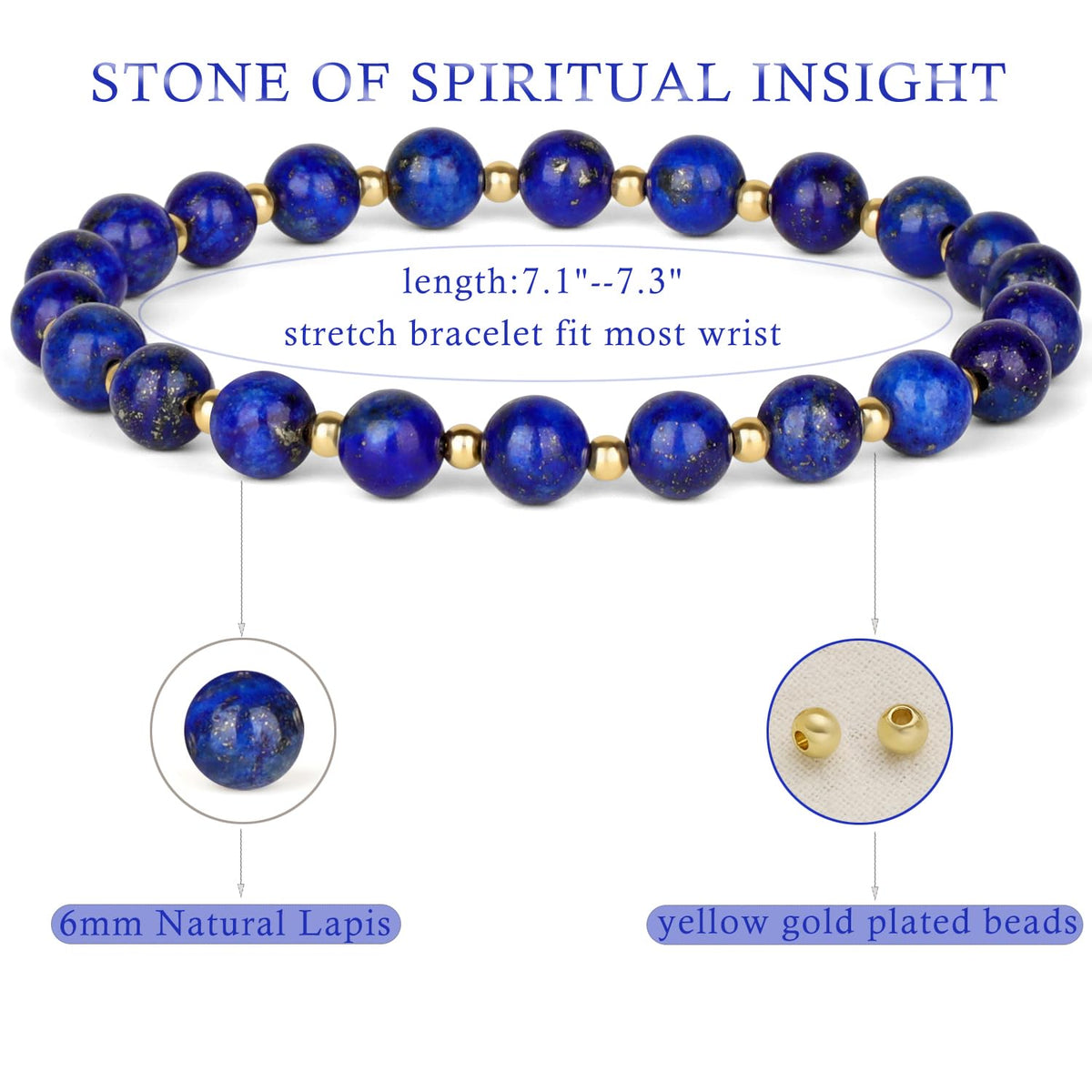 QOGIR Lapis - Stone of Spiritual Insight - 14K Gold Plated Beads Natural Gemstone Stretch Elastic Dainty Healing Beaded Bracelets Gifts 6mm