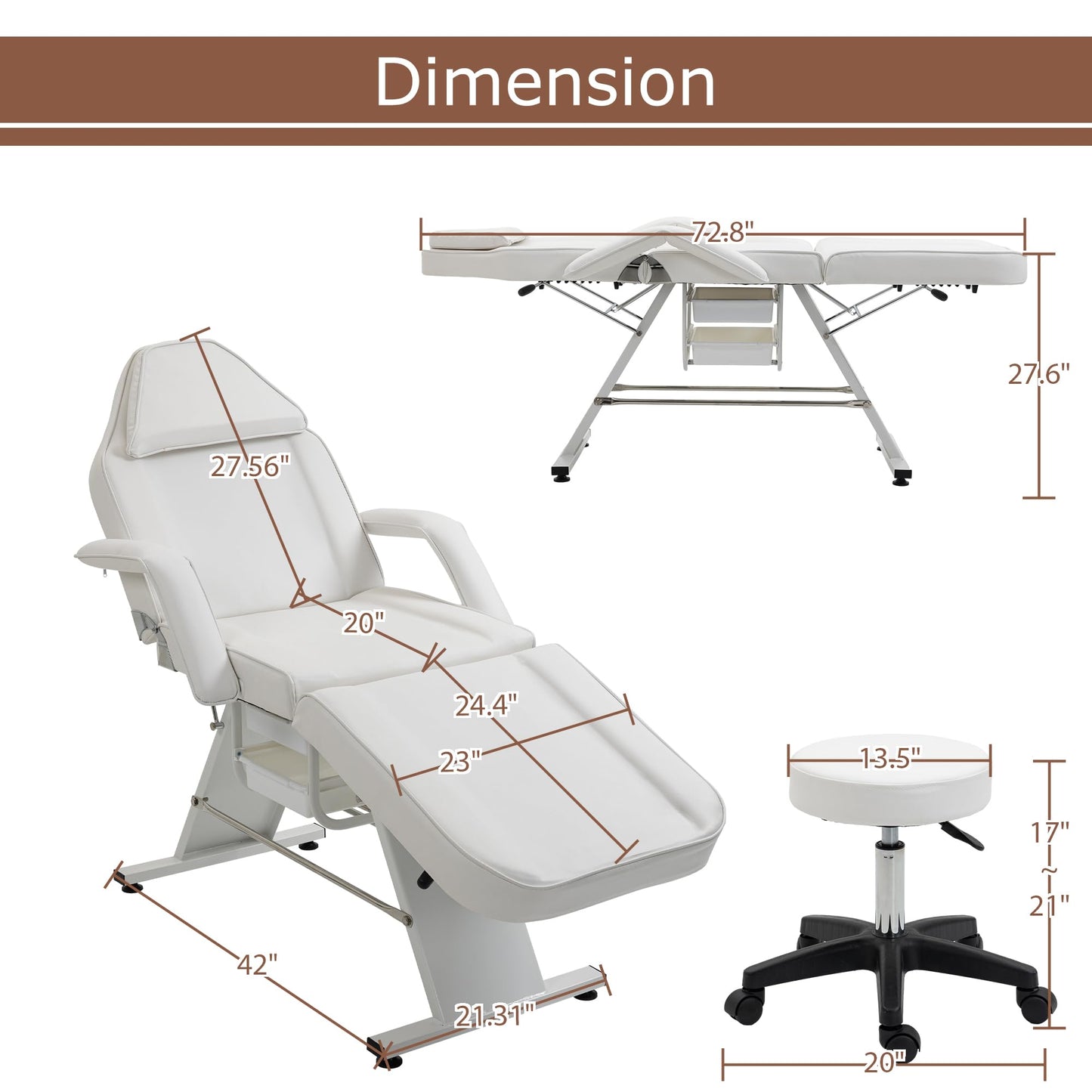 Massage Salon Tattoo Chair with Two Trays Esthetician Bed with Hydraulic Stool,Multi Purpose 3 Section Facial Bed Table, Adjustable Beauty Barber Spa Beauty Equipment, White