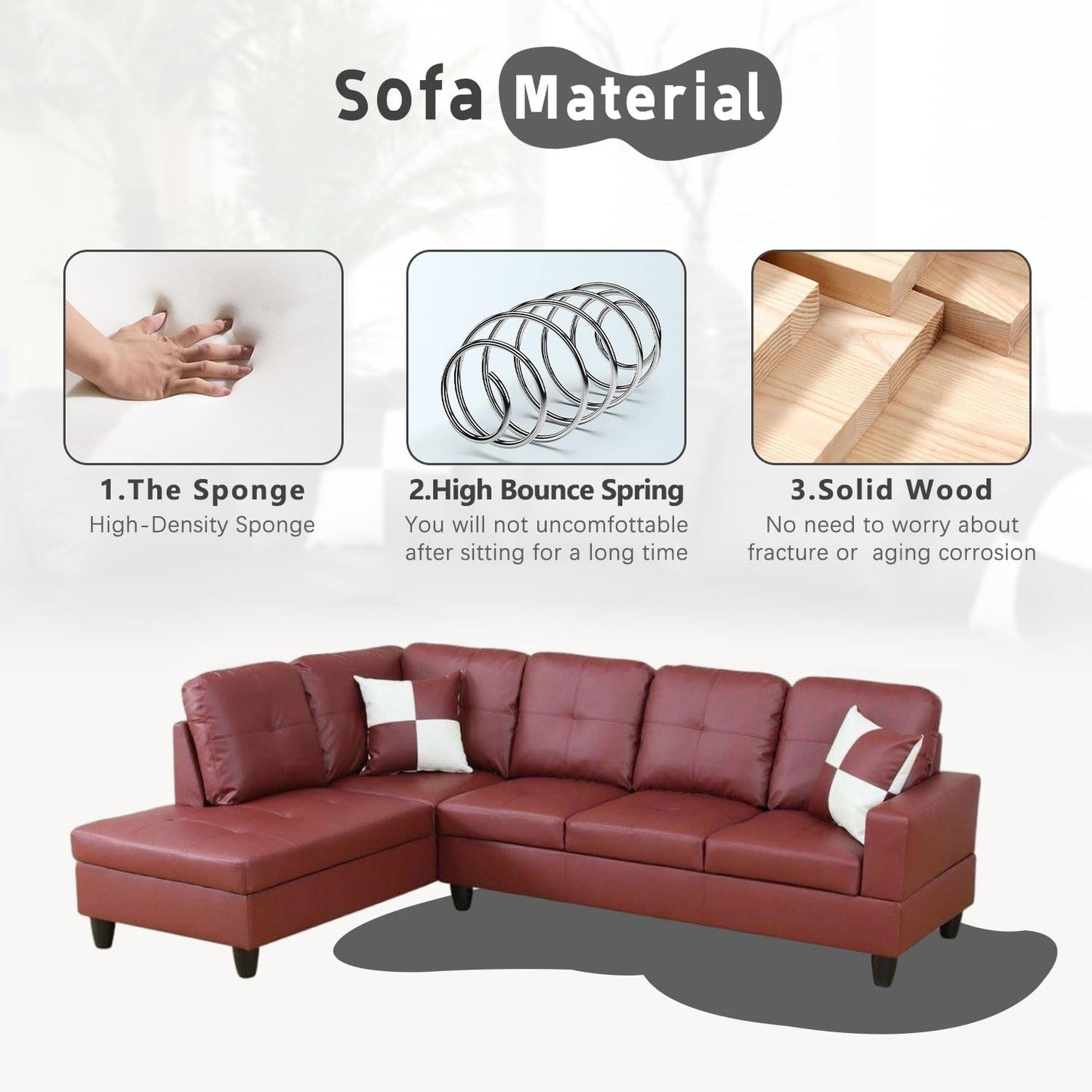 UOCFYK Red L-Shaped 3-Piece Faux Leather Sofa with Storage Ottoman Set, Sectional Couch Leather-Like Sofa Set for Living Room, Office, Small Space