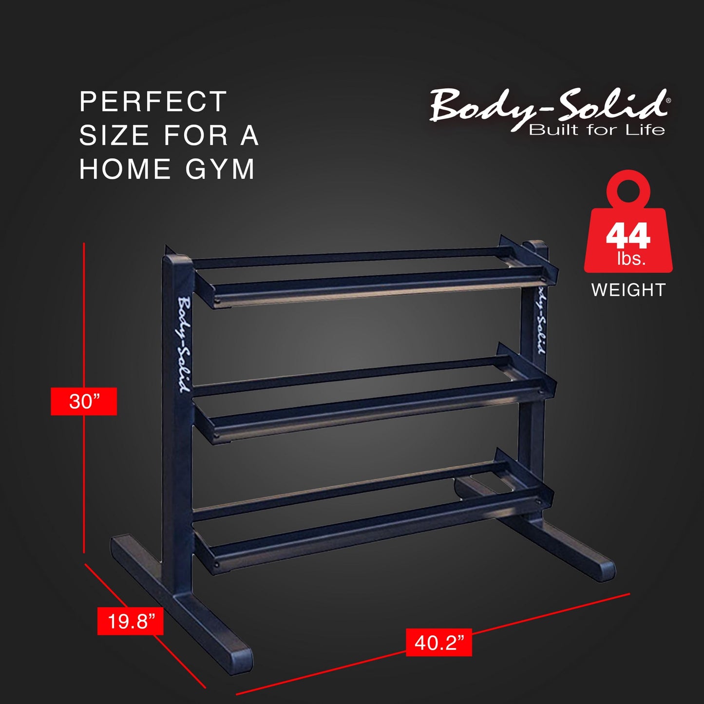 Body-Solid (GDR363) 3-Tier Horizontal Dumbbell Rack Stand Only, Weight Rack Stores 10 Pairs Hex Dumbbells from 5-50 lbs, Home Gym Dumbell Organizer Racks