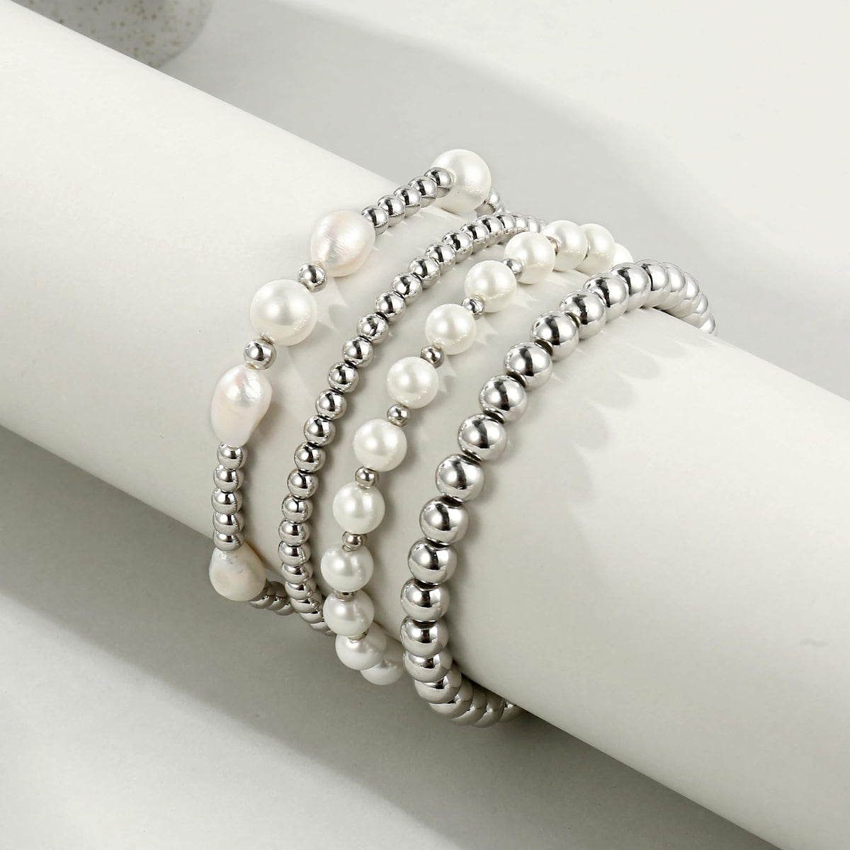 Silver Pearl Beaded Bracelets for Women Baroque Pearl Stackable Stretch Bead Ball Bracelet Jewelry Gifts （4PCS)