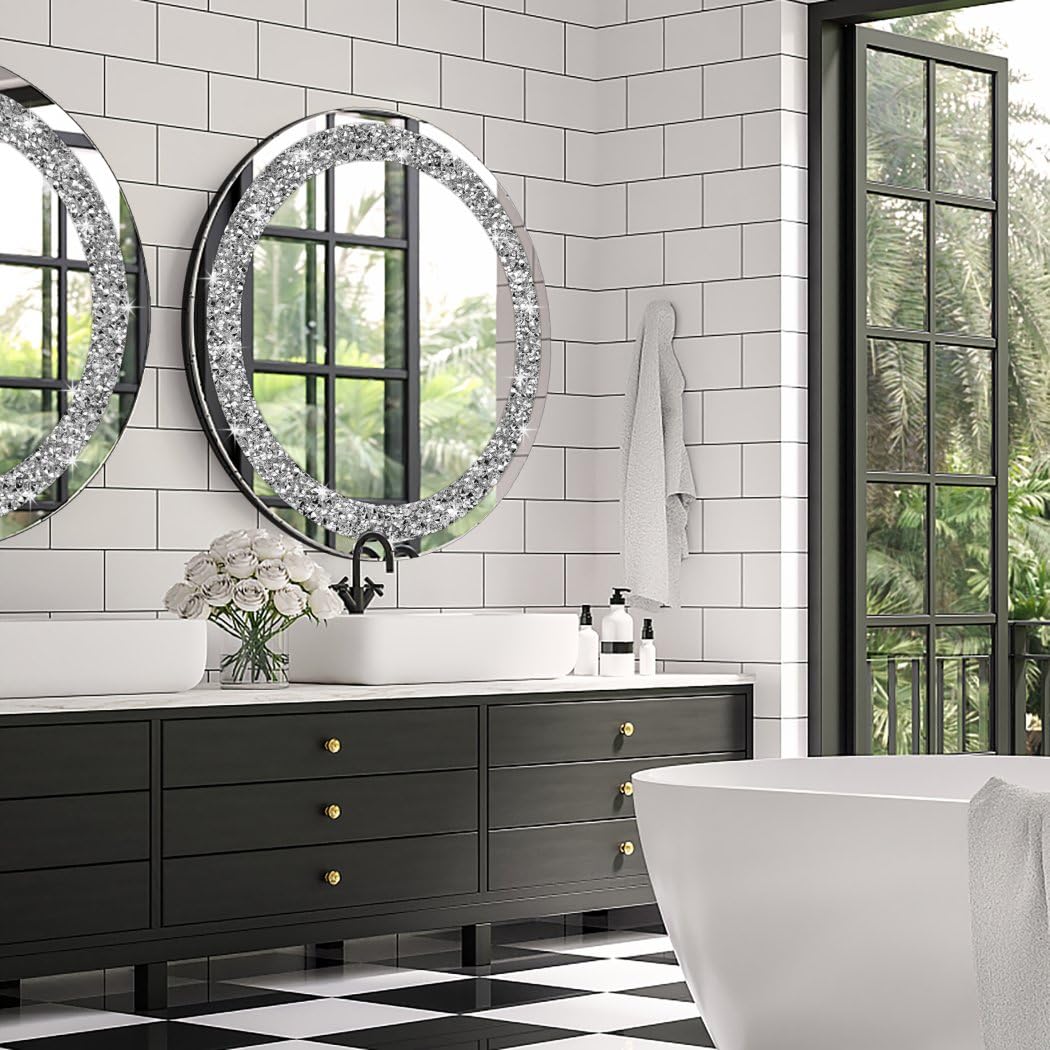 QMDECOR Round Wall Mirror 28x28 inch Crystal Crush Diamond Decor for Home Decoration Silver Mirror.