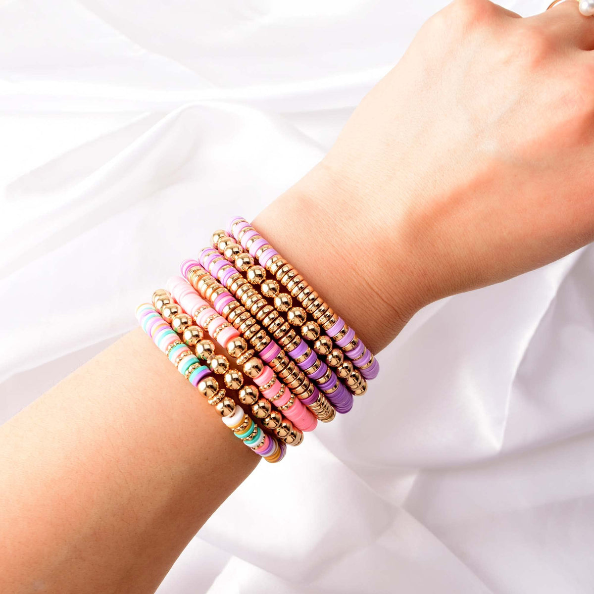 GOOJIDS Surfer Heishi Clay Bead Bracelets for Women Bohemian Stackable Gold Beaded Stretch Bracelets Elastic Layering Friendship Bracelets Set Boho Jewelry (G2-Purple&Pink 7pcs)
