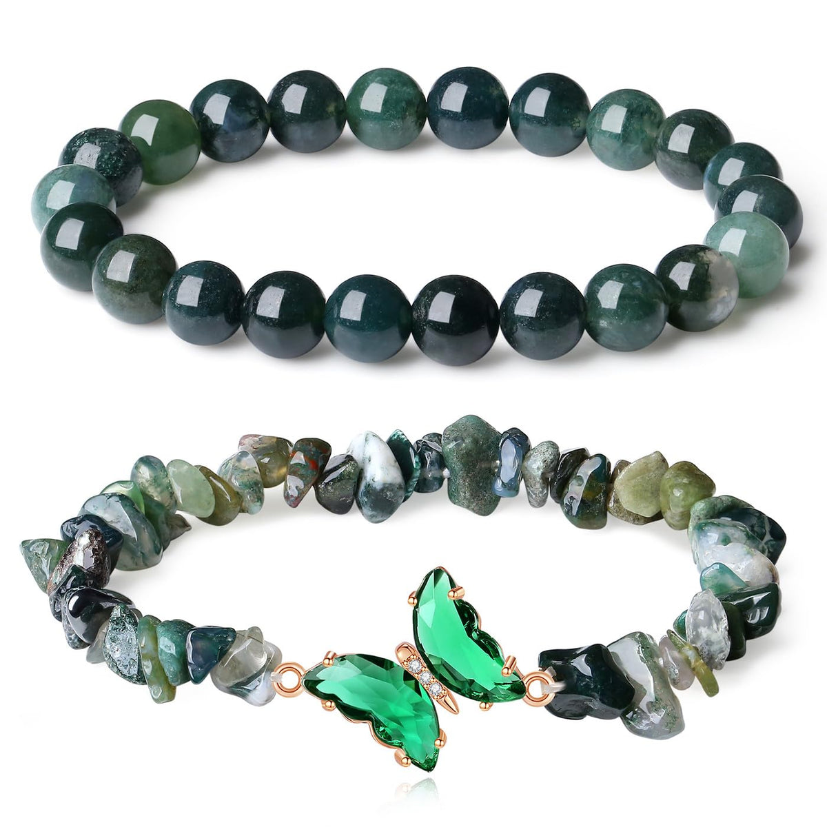 DUQGUHO 2Pcs Butterfly Bracelets for Women Moss Agate Bracelets Green Healing Crystal Bracelet Natural Gemstone Stretchable Jewelry 8mm Beaded Bracelet Gifts for Women