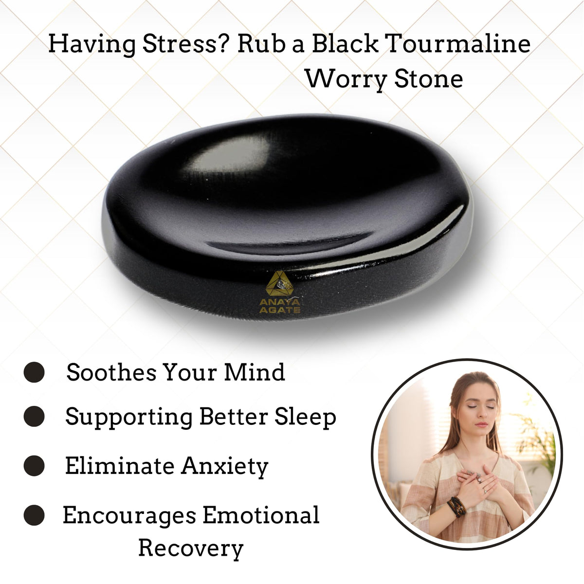 Anaya Agate Black Tourmaline Worry Stones Certified Crystal Thumb Worry Stone for Anguish, Relaxing and Soothing Balance Stones for Meditation, Stress Relief Crystals and Healing Stones for Men, Women