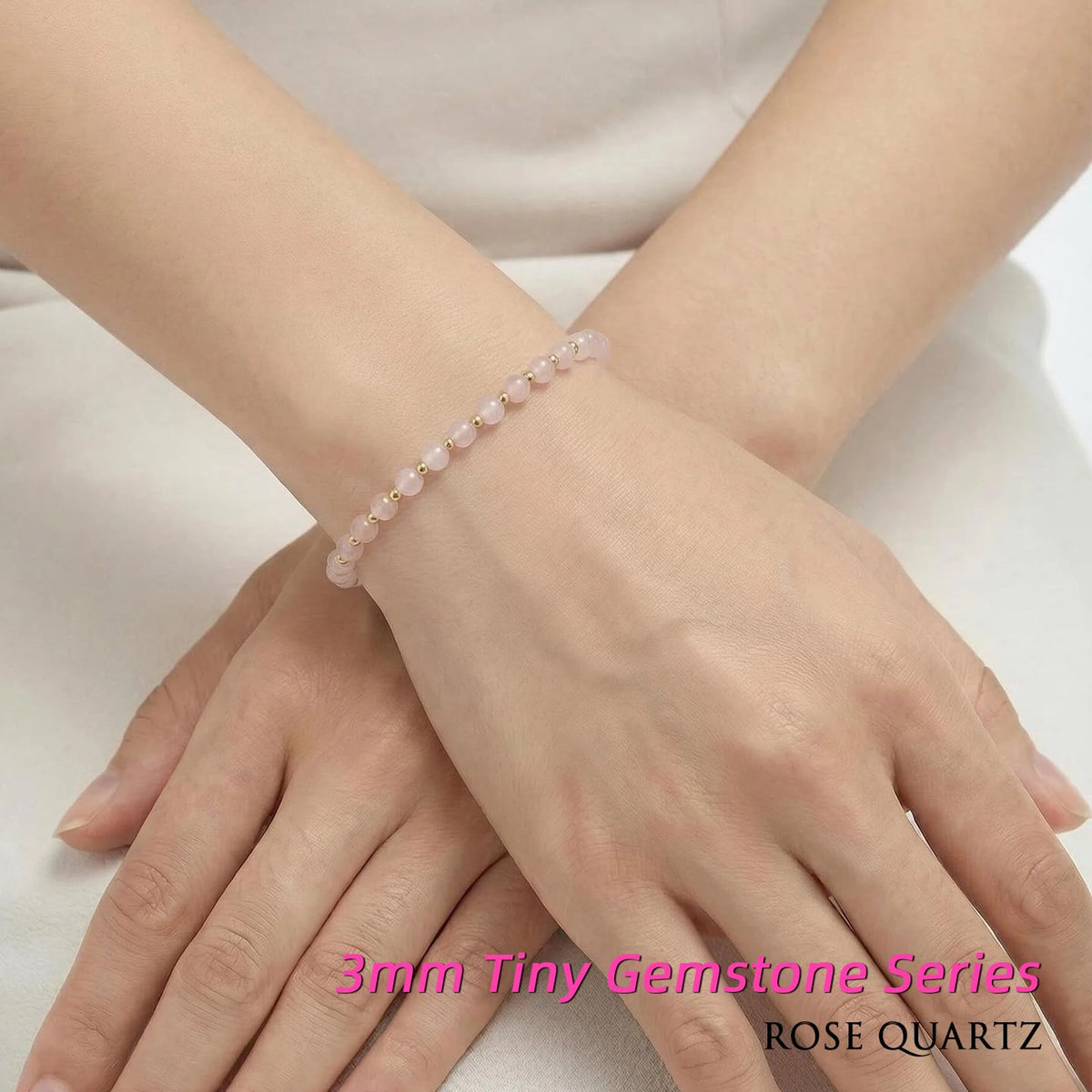 Morchic 3mm Pink Rose Quartz Natural Gemstone Beaded Bracelet for Women, Dainty Tiny Charm Jewelry, Adjustable 7.1-8.6", Ideal Birthday Holiday Gift