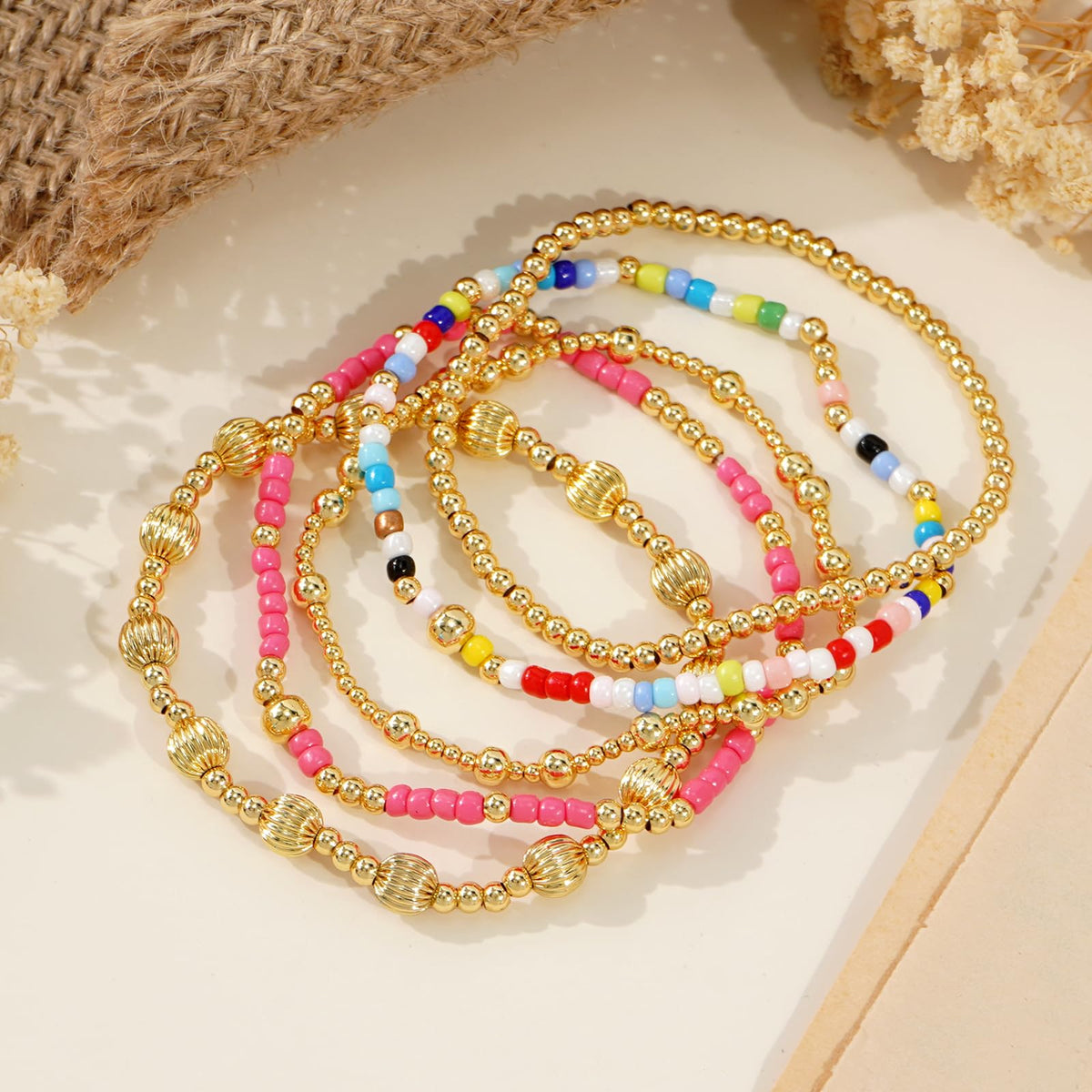 Dainty 14K Gold Plated Beaded Bracelet Stack for Women,Bohemian Stretch Colorful Beads Non Tarnish Stackable Bracelets Set Fashion Party Prom Accessories Jewelry Gift Friendship