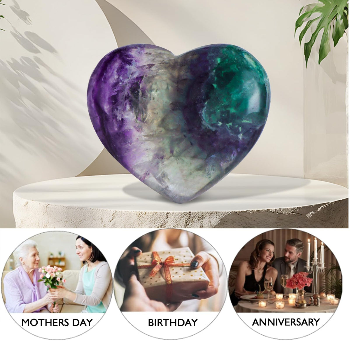 LEADGEM Rainbow Fluorite Heart Crystal Worry Stone for Anxiety Healing Heart Shaped Rock Stone Meditation Reiki Gifts Home Decor