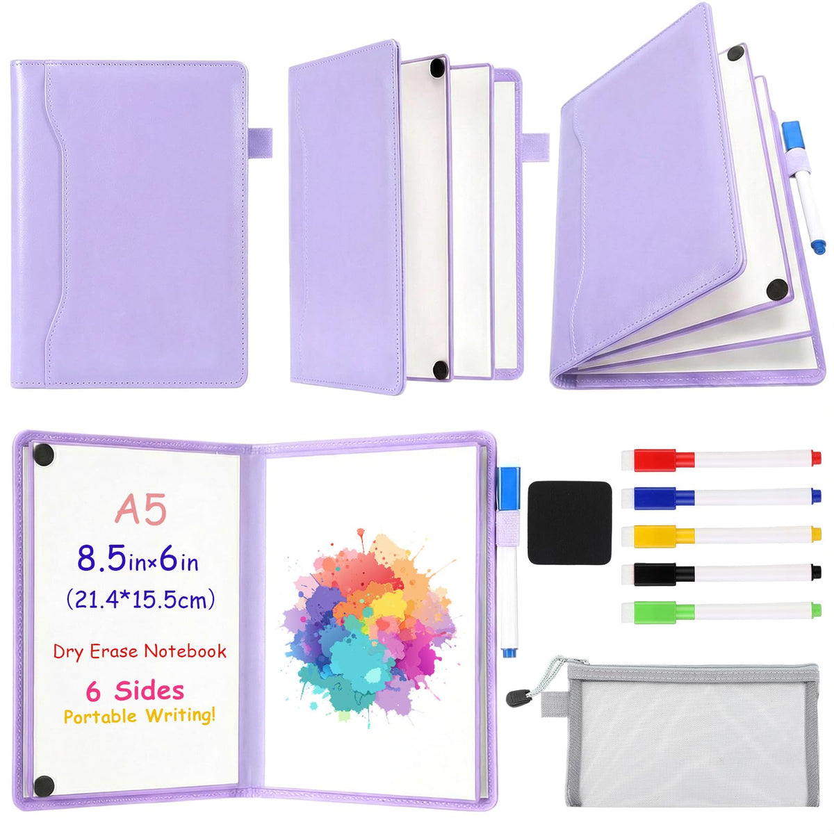 Feifeiya 6 Sides Dry Erase Notebook Portable White Board 9"x6"(a5) Travel Dry Erase White Board Notebook Foldable Anti-ghosting Surface for Office, School, Study, Travel & Business Meeting Planning