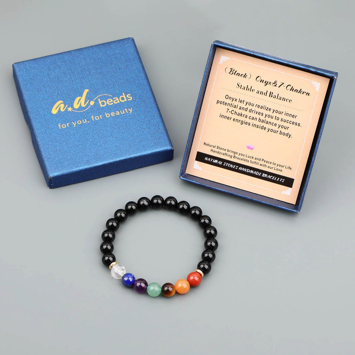AD Beads Handmade Gemstone Stretch Elastic Bracelet Crystal Healing Reiki Nature's Beauty and Spiritual Essence Unisex (6mm, Onyx & 7-Chakra (Stable and Balance))