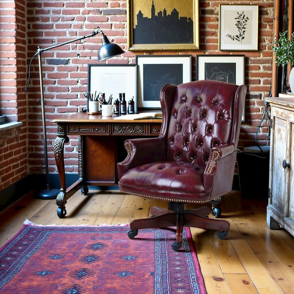 Starlight Canyon Home Burgundy Faux Leather Office Chair, Executive Seating with Wood Frame, Leather Desk Option for Study, Boardroom, Or Office Settings