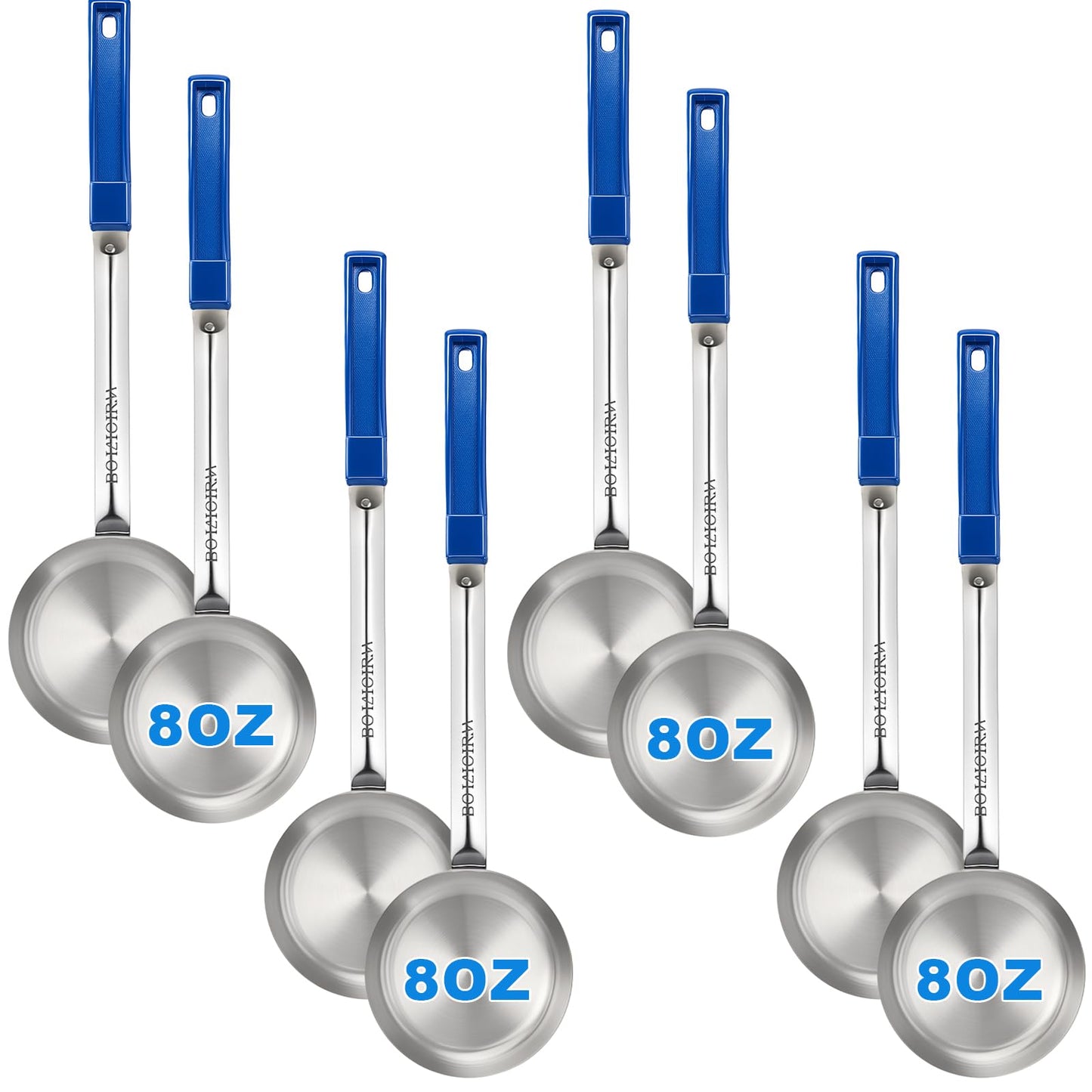 Ferrochef 8 Pcs 8oz Portion Control Serving Spoons Unslotted Portion Scoops for Food with Blue Handle, Stainless Steel Serving Utensils Set for Restaurant/Weight Loss/Baking
