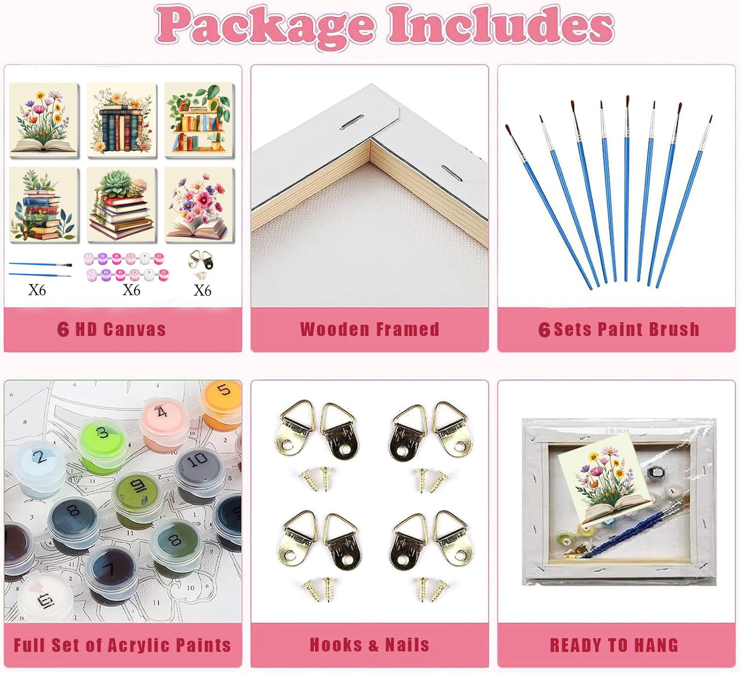 SYDYLH 6 Pack Framed Paint by Numbers for Adult, Books Easy Paint by Numbers with Frame, DIY Flowers Acrylic Adult Painting by Number Kits on Canvas for Gift Decor 8 x 8 Inch