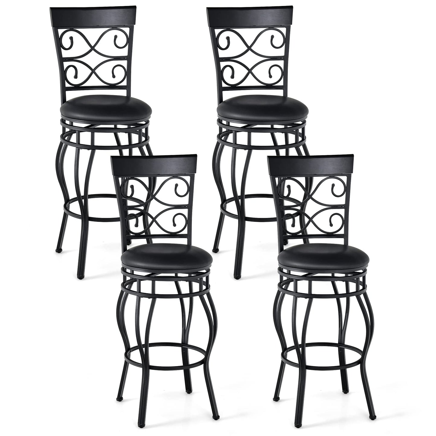 COSTWAY Bar Stools Set of 4, 360 Degree Swivel, 30" Bar Height Bar stools, with Leather Padded Seat Bistro Metal Vintage Chairs with Back for Kitchen Island, Pub (Set of 4)