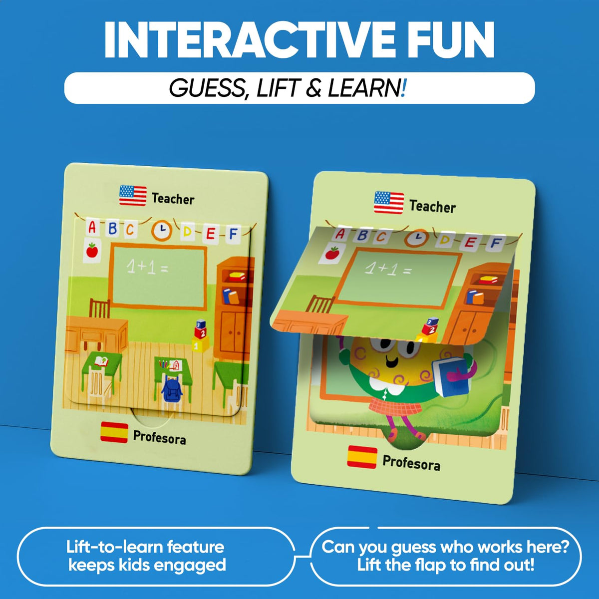 Kidrox Career & Professions Flash Cards, English Learning Cards with Spanish Translations, Interactive Open & Cover, 30 Pack