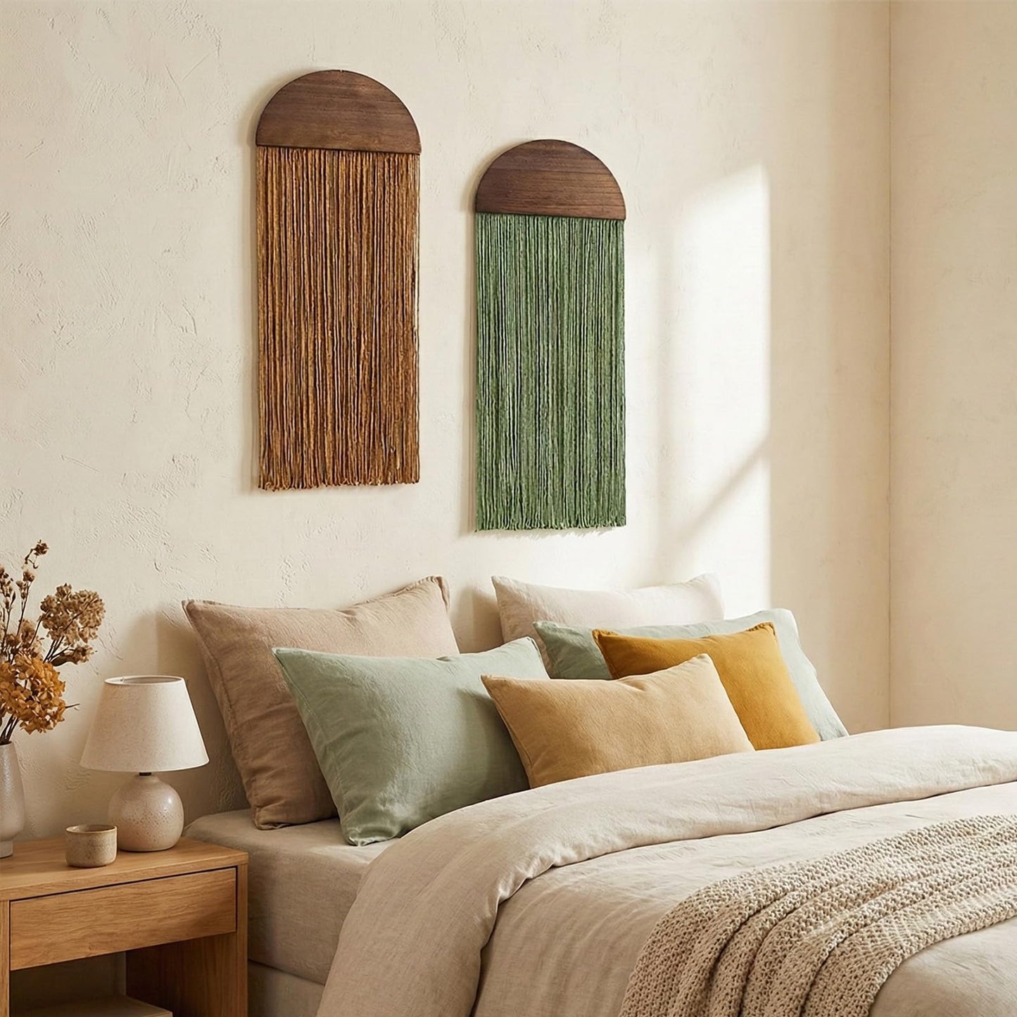 2 Pcs Macrame Wall Hanging Boho Wall Decor - 11.81" W x 35" L for Handmade Woven Tapestry Art with Wood Tassels, Bohemian Yarn Decoration for Bedroom Above Bed Headboard Living Room