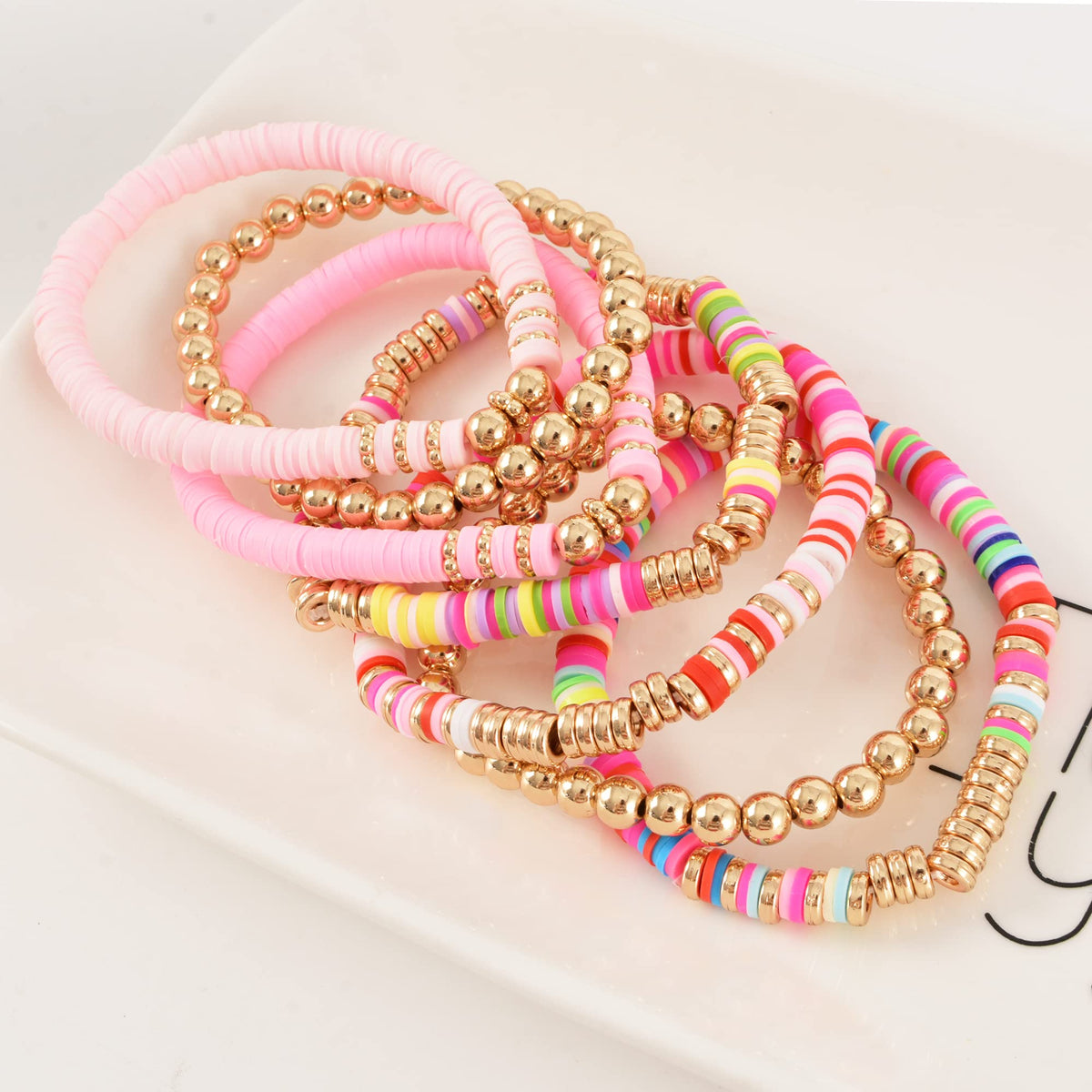 GOOJIDS Surfer Heishi Clay Bead Bracelets for Women Bohemian Stackable Gold Plated Beaded Stretch Bracelets Elastic Layering Friendship Bracelets Set Boho Jewelry