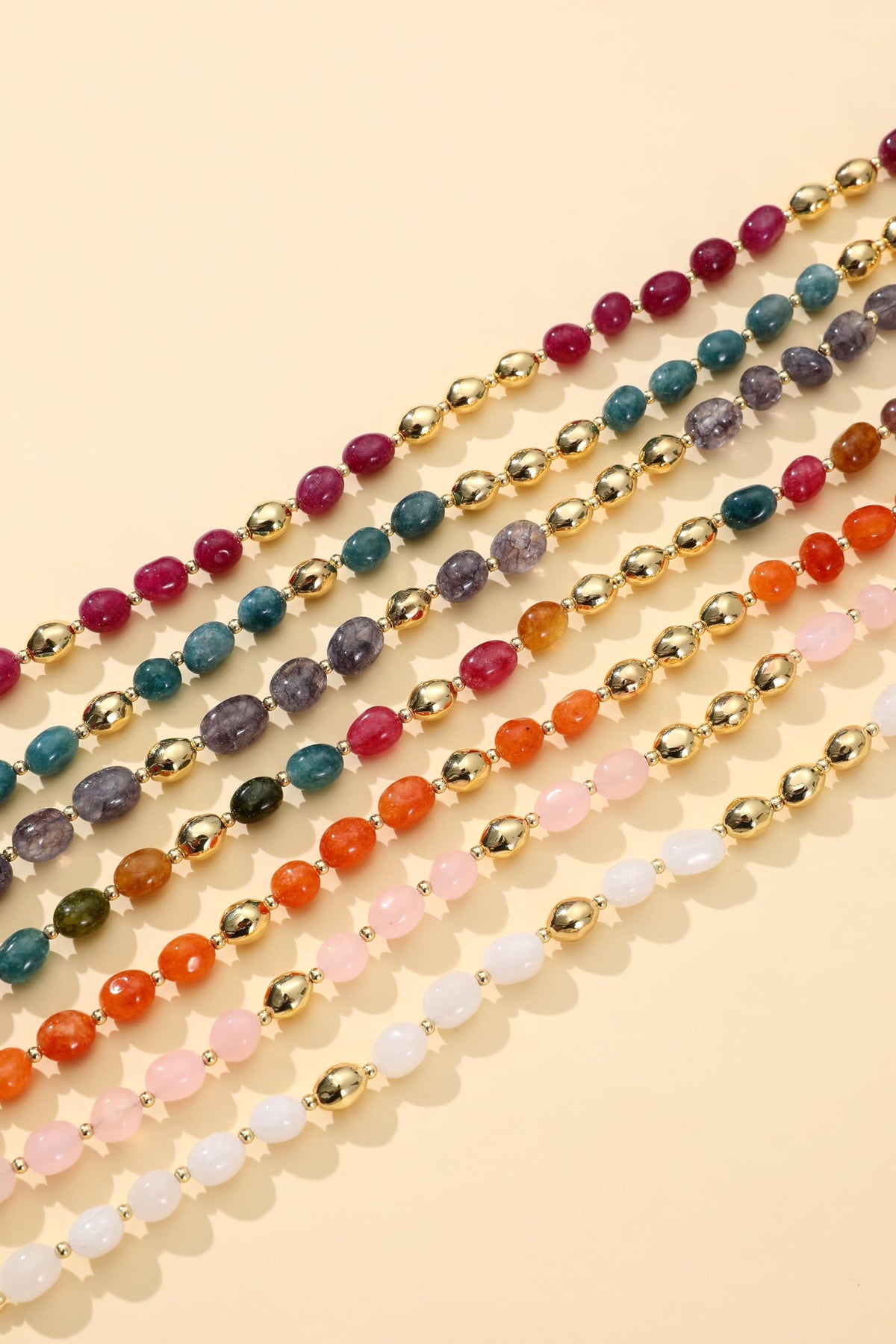 NVWAROCK Beaded Bracelet for Women, Gemstone Bracelet, 14K Gold Plated Stackable Handmade Oval Stone Bracelet Jewelry Gift - Pink