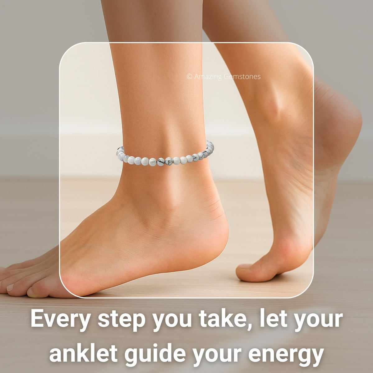 Amazing Gemstone Howlite Anklet Ankle Bracelets for Women - Waterproof Beaded Healing Crystal Anklets, Plus Size Chakra Gemstone Bead Anklet (Stretchy Adjustable - Plain)