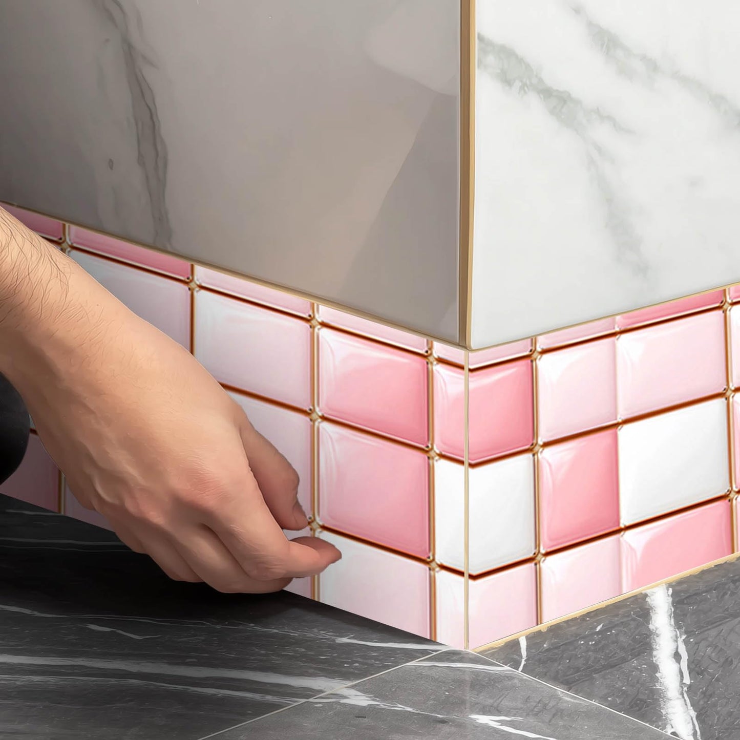 IVN Wallpaper Border Peel and Stick Decorative Wall Trim Self Adhesive Pink White Glossy Mosaic Pattern Accent Strip for Bathroom Laundry Room Pool Area Mirror Frame Shelf Wall Edge 4x196 Inch