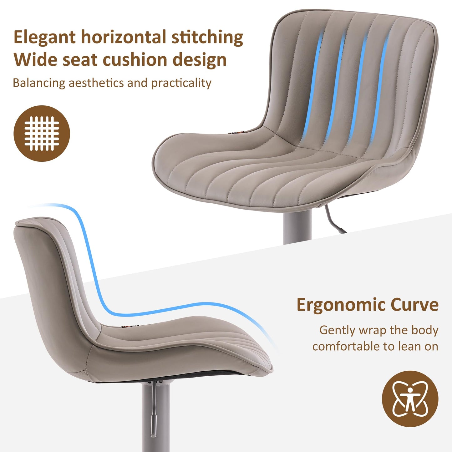 YOUNIKE Grey Bar Stools Set of 2 with Padded Back Adjustable Height Comfy Upholstered Faux Leather Bar Chairs Modern Swivel Kitchen Counter Barstools for Home Breakfast Island