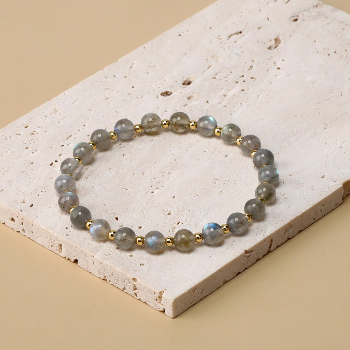QOGIR Labradorite - Stone of Transformation - 14K Gold Plated Beads Natural Gemstone Stretch Elastic Dainty Healing Beaded Bracelets Gifts 6mm
